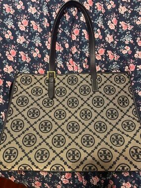 Tory Burch T monogram jacquard large tote bag navy blue